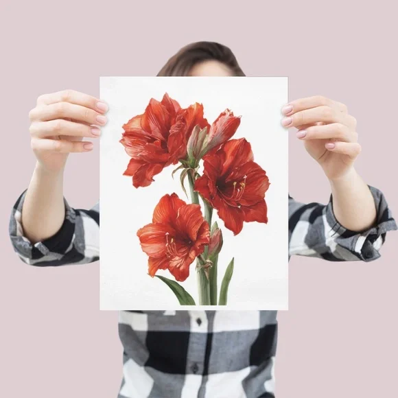 Watercolor Red Amaryllis Flower Bouquet Wall Art Print Poster, Unframed - Picture 4 of 5